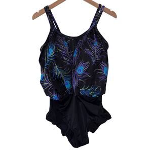 Longitude Womens One‎ Piece Swimsuit 16W Peacock Feather Black Purple Vacation